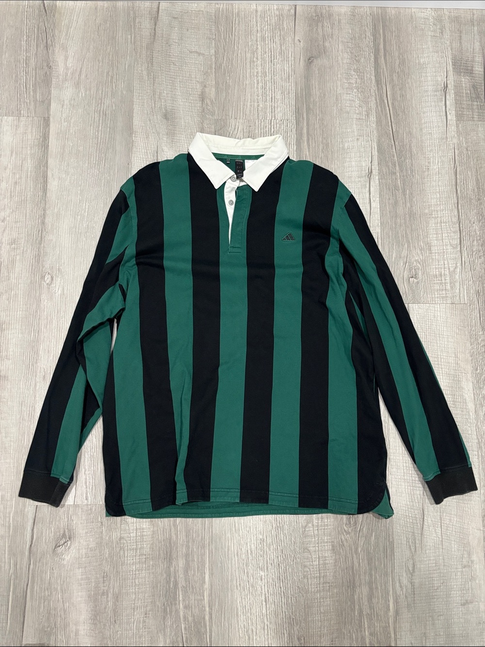 adidas Long-Sleeve Green & Black Vertical Stripe Rugby Polo with White Collar